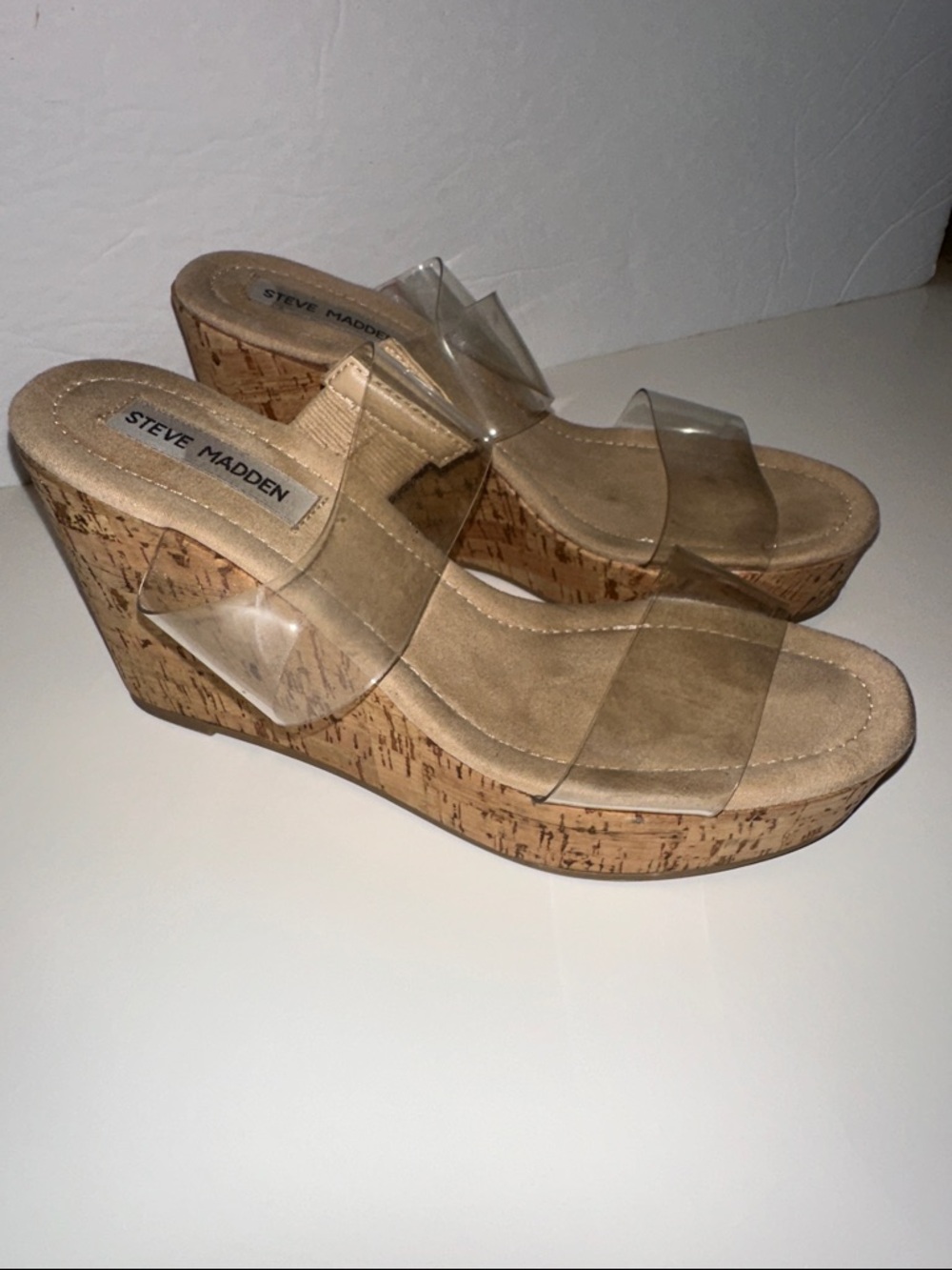 Steve Madden Clear Strap Cork Wedge Sandals in Nude